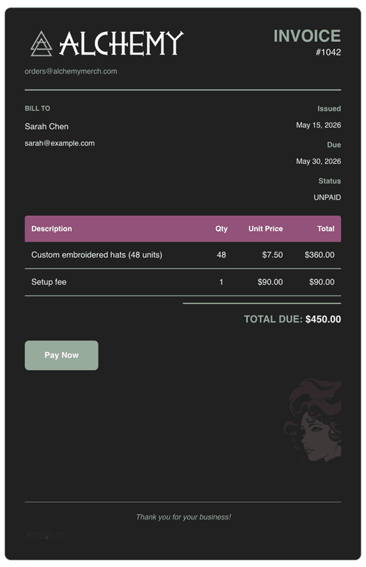 Alchemy Merch sample invoice in the dark theme