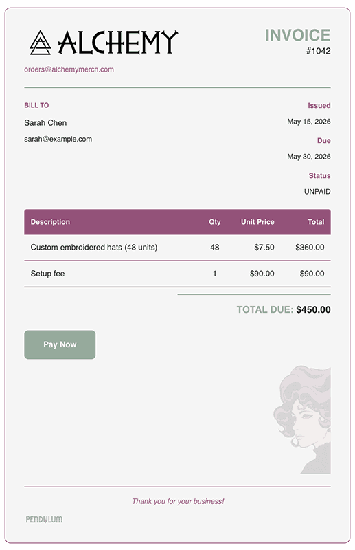 Alchemy Merch sample invoice in the light theme