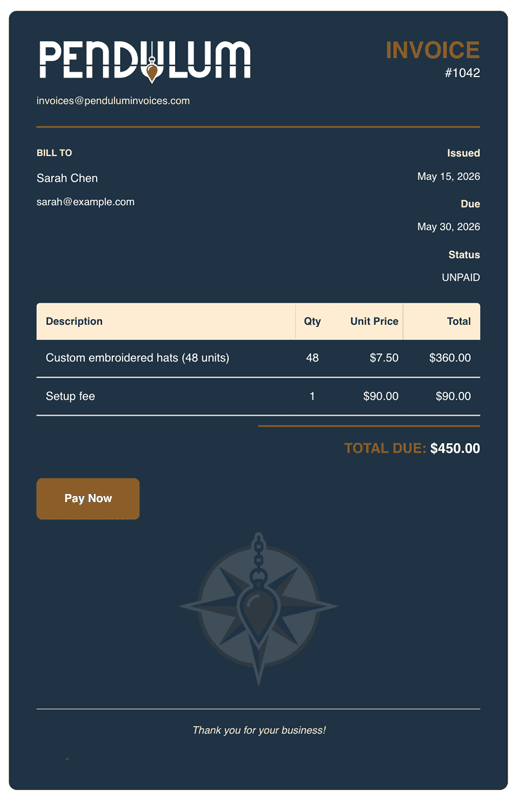 Pendulum sample invoice in the dark theme